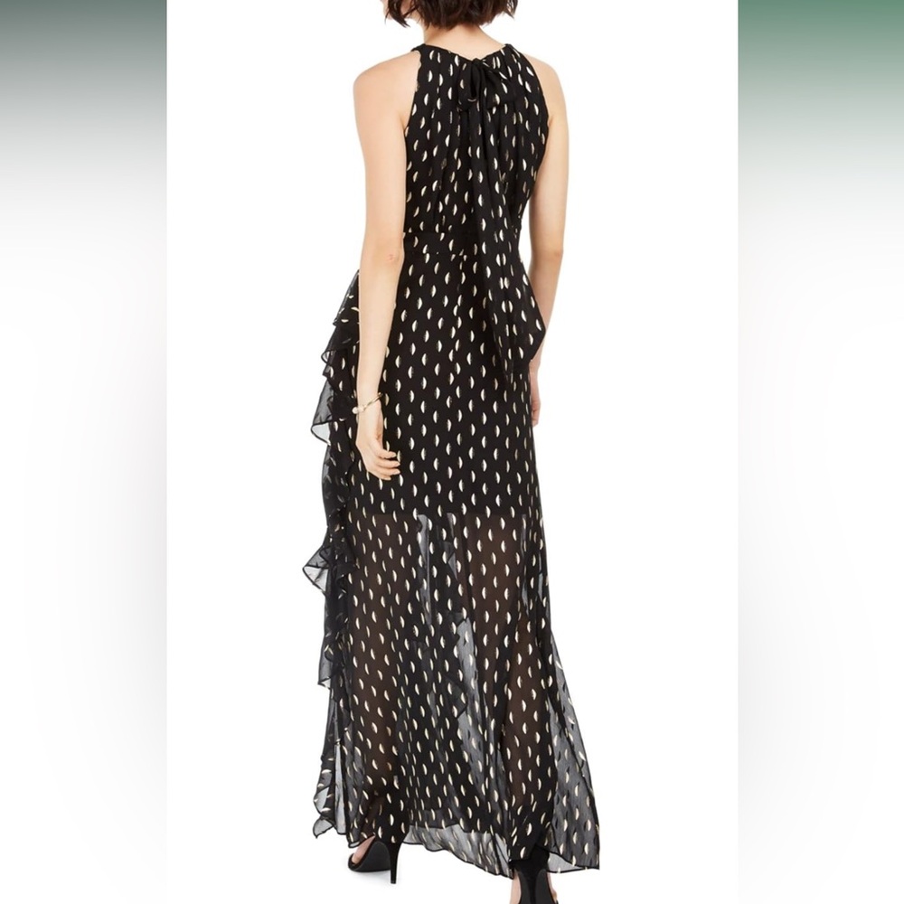Betsy & Adam Metallic Chiffon Front Ruffle Slit Halter Neck Sleeveless Gown - Picture 17 of 17